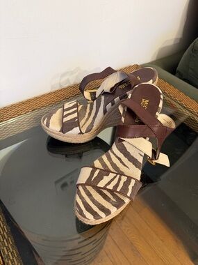 Michael Kors Wedge Sandals with Brown Leather Straps and Zebra Print